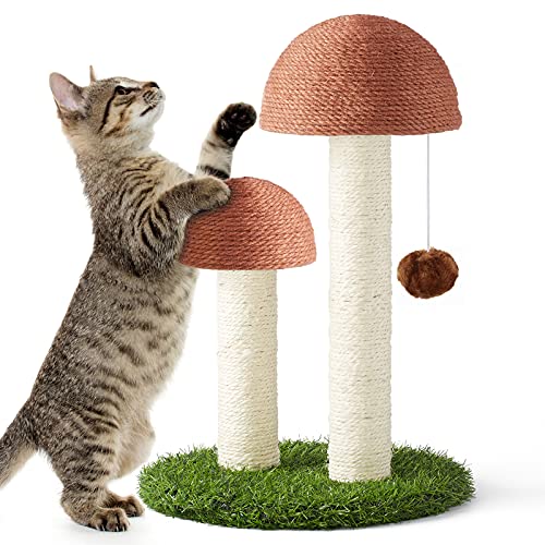 DONORO 18" Cat Scratching Posts for Indoor Cats Featuring with 2 Mushroom Scratch Poles and Interactive Dangling Ball, Sisal Rope Cat Scratcher Tree for Small Cat Kitten - Brown