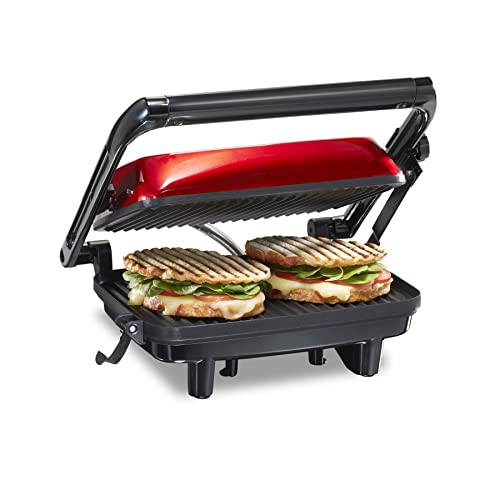 Hamilton Beach Panini Press Sandwich Maker & Electric Indoor Grill with Locking Lid, Opens 180 Degrees for any Thickness for Quesadillas, Burgers & More, Nonstick 8" x 10" Grids, Red (25462Z) - Red - Grill