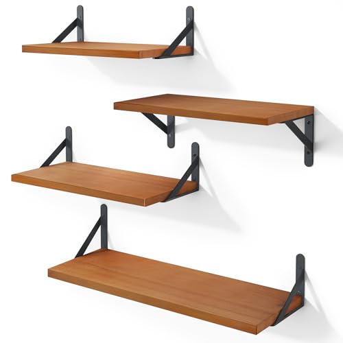 YGEOMER Floating Shelves, Rustic Wood Shelves, 4 Sets of Wall Mounted Shelf for Bathroom Decor, Bedroom, Living Room and Plants (Honey Oak) - Honey Oak