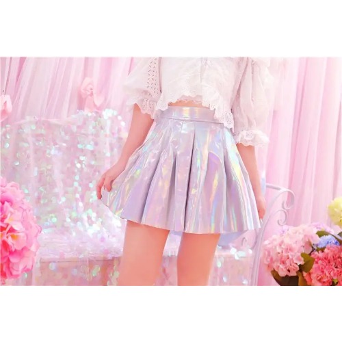 Shiny Reflective Hologram Skirt 40cm Length for Everyday Glamour - Silver / L