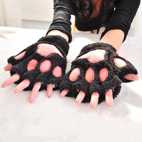 Kawaii Fingerless Neko Cat Paw Gloves for Cozy Comfort - Black