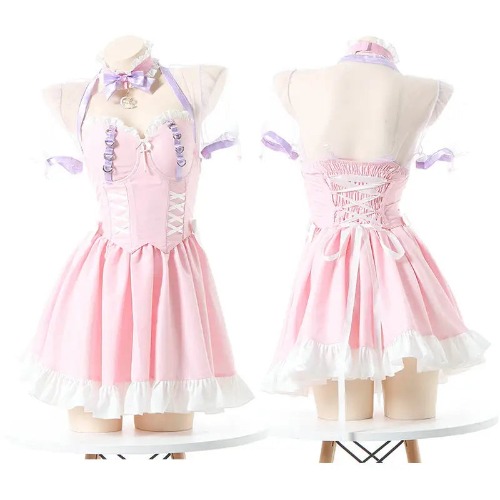 Pink Princess Maid Dress with Bows and Ruffles