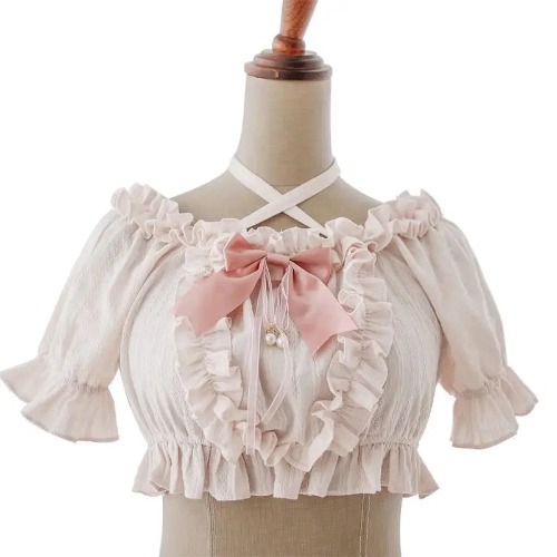 Victorian Era Regal Bow Cropped Blouse with Elegant Details - Beige Blouse
