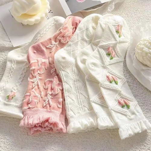 Textured Angelic Socks with Knit Detailing and Rosebud Embellishments - No4