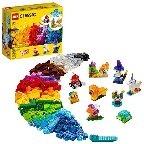LEGO Classic Creative Transparent Bricks Building Set 11013, Wizard and Animal Figures Including Unicorn, Lion, Bird, and Turtle, Creative Building Set and STEM Toy for Preschool Learning