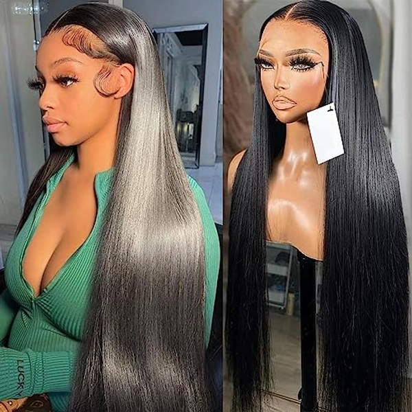 Lemoda Full 13x6 Straight Lace Frontal Wigs Human Hair 180 Density HD Transparent Lace Frontal Wig Pre Plucked 12A Grade Brazilian Virgin Human Hair Wigs for Women Natural Black 34 Inch