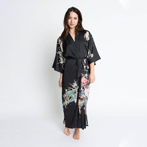 Spring Floral Long Kimono Robe | black (final sale) / one size
