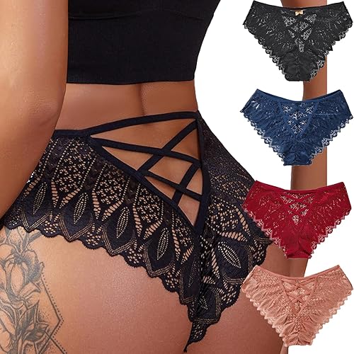 Kingfung Sexy Cheeky Panties for Women Lace Criss Cross Bikini Underwear 1-4 Pack - Large - 4pack-black/Dark Blue/Light Brown/Win Red