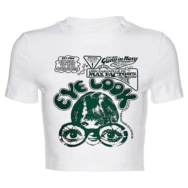 Baby Tees for Women Y2K Summer Graphic Print Vintage Teen Girls Crop Top T Shirt