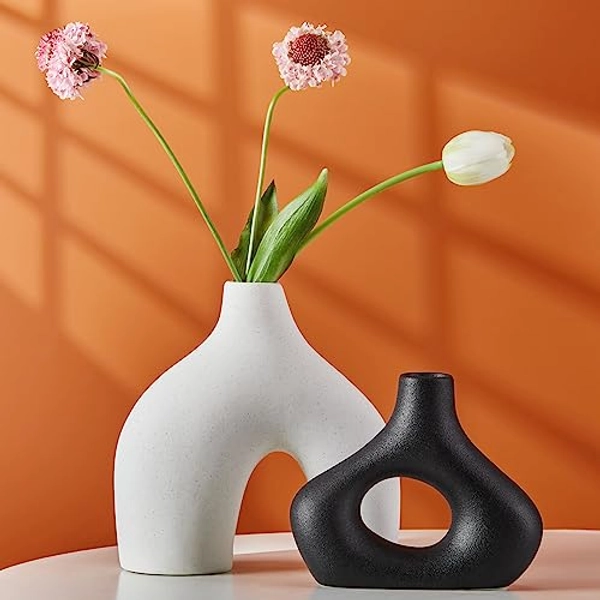 Serwalin White Black Ceramic Vase Set 2 for Home Decor, Round Donut Vases for Pampas Grass, Nordic Minimalism Boho Style Decor for Living Room Wedding Dinner Party Bedroom(No Pampas)