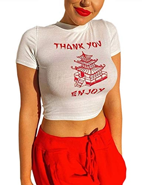 SAFRISIOR Women Sexy Thank You Enjoy Printed Tower Graphic Skinny Slim Streetwear Sleeveless Crop Tank Top