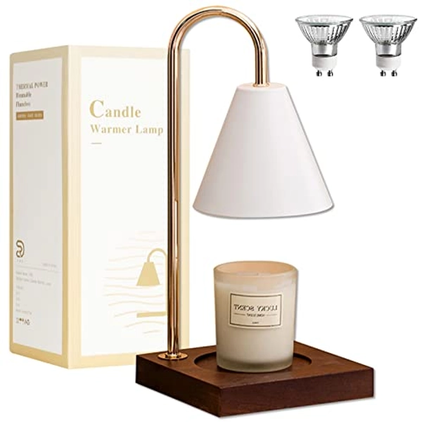 CRD Candle Warmer Lamps, Dimmable Candle Lamp, Top Down Candle Warmers, Wood Base Candle Melting Lamps for Scented Jar Candles with 2 Bulbs (Darkwood White Metal Shade)