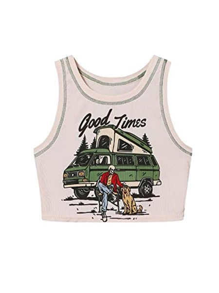 WDIRARA Women's Car Graphic Print Sleeveless Round Neck Tank Top Rib Knit Camisole