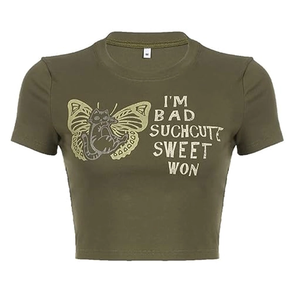 Baby Tees for Women Vintage Graphic Print Y2K Teen Girls Slim Crop Top T Shirt