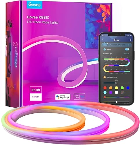 Govee Neon LED Strip 10m, RGBIC Streifen mit App-Steuerung, Musik-Sync, DIY-Farbwechsel Lichtband, Funktioniert mit Alexa & Google Assistant, Licht Band für Decke, Küche, Gaming - 10m