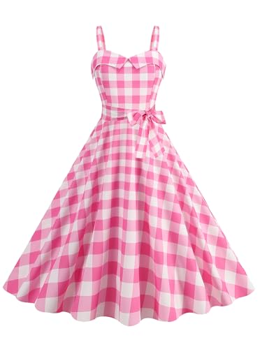 Hedmy Pink Gingham Dress for Women Vintage Rockabilly 1950s Spaghetti Strap A-line Swing Midi Dress - Type B Pink Plaid - XX-Large