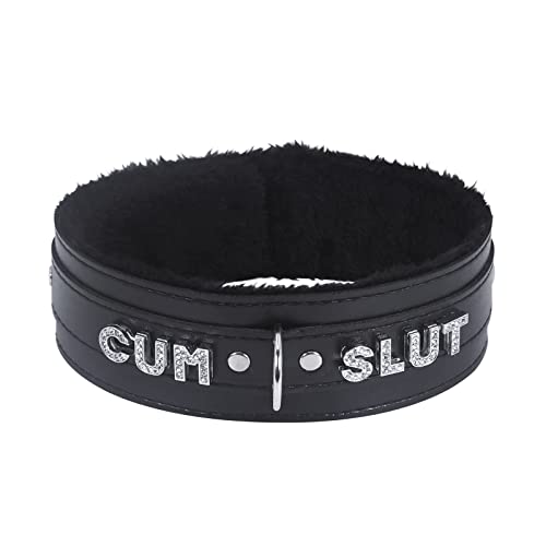 paloli Women Pink Leather Choker Necklace, Punk Gothic Black Fluffy Name Letters Collar Leash Neck Jewelry - Black Fluff - Cum