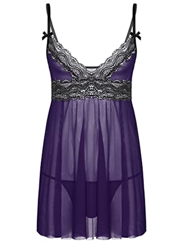 Manyakai Men Lace Trim Sissy Lingerie Sets Sling Straps Cross Dress with G-Strings Chemise Nightwear Clubwear - Purple - XX-Large