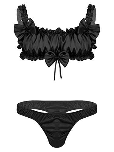 Hedmy Men's Sissy 2 Pieces Lingerie Set Satin Frilly Ruffled Lace Crop Top Girly Panties Nightwear - X-Large - 3# Black