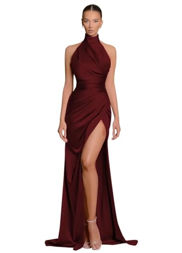 HAIGORO Halter Satin Bridesmaid Dresses Long Mermaid Prom Dress for Women Formal Party Evening Gown with Slit BD1 - 16 Plus - Burgundy