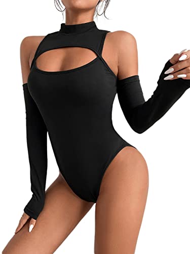 Hilinker Women's Cutout Bodysuit High Neck Cold Shoulder Leotard Jumpsuit Tops - X-Large - Black