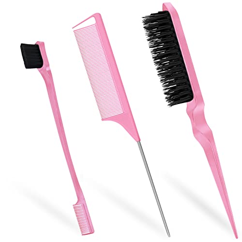 Qufiiry Sleek Bun Bürste, 3 Stück Edges Brush, Bürste Sleek, Bürste für Sleek Zopf, Sleek Bürste, Borsten Bürste Haare, Haarbürste Sleek Look, für Friseur Frauen Baby Kinder - Pink