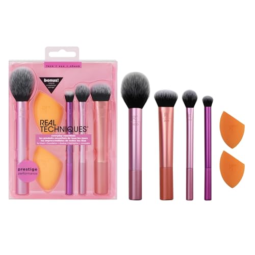 Real Techniques Everyday Essentials + Make-up-Schwamm-Set, 4 Make-up-Pinsel und 2 Blender-Schwämme, für Foundation, Rouge, Bronzer, Lidschatten und Puder, synthetische Borsten, 6-teiliges Set - 6 Stück (1er Pack)