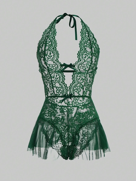 ROMWE Fairycore Contrast Mesh Lace Halter Teddy Bodysuit