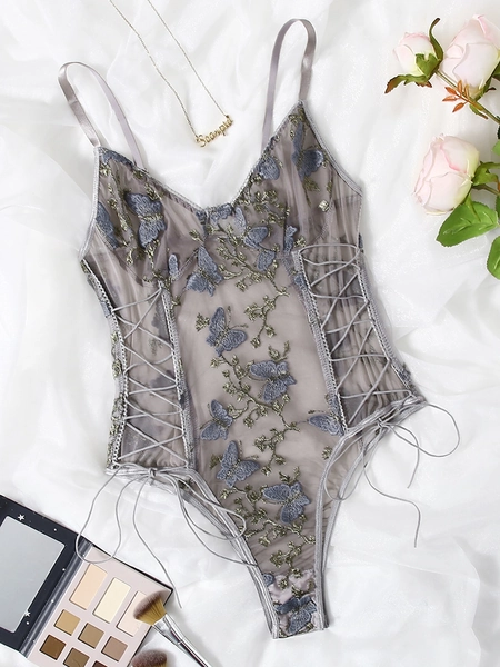 Butterfly Embroidered Mesh Teddy Bodysuit
