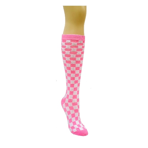 Checkered Pattern Knee High Socks (Adult Medium) - Pink and White / Adult Medium