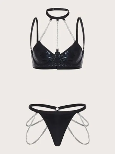 Cyber Luvr Solid Chain Decor Lingerie Set