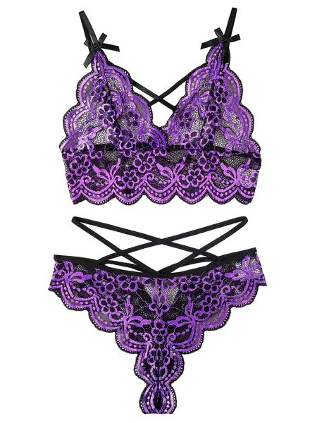 Women Sexy Lingerie Set Lace Bra and Panty Sets Strappy 2 Piece Lingerie - Purple Medium