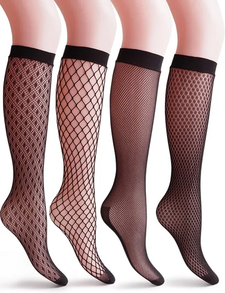 VERO MONTE 4 Pairs Women's Fishnet Knee High Socks - Stylish Black + Hollow Out - ( Height: 5'1" - 5'7" / Weight: 100-150lbs ) Black, Argyle Net, 4 Pairs