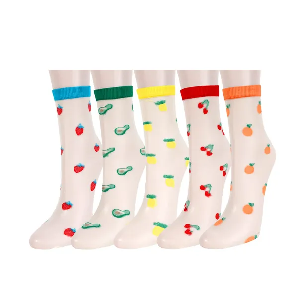 Womens Girl Mesh Sheer Crew Sock Silk Lace Fishnet Ultra Thin Tulle High Ankle Transparent See Through Novelty Gift Sock - 5 Pair-fruit(avocado Pineapple Cherry Strawberry Orange)