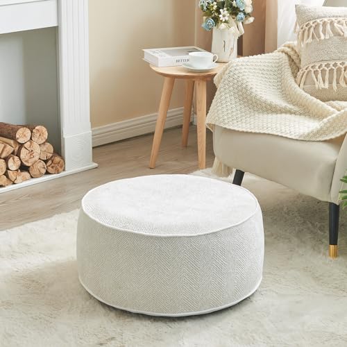weruisi Stuffed Pouf Ottoman, 21x10 Inches Chenille Ottoman with Inflatable PVC Liner, Foot Rest with Portable Handle, Round Floor Pillow for Living Room, Bedroom, Kids Room - White