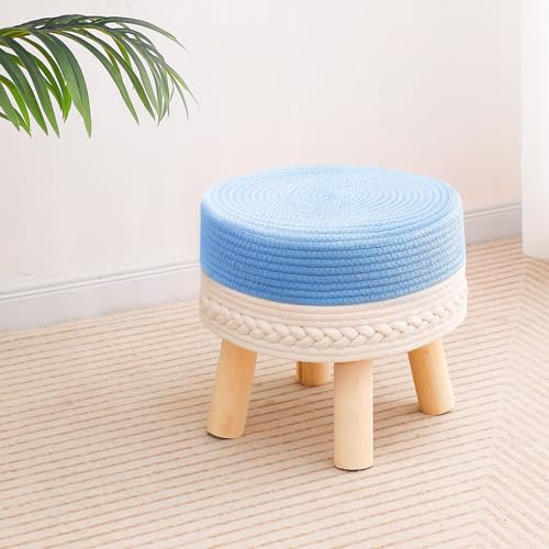 Lineshading Nursery Ottoman Ottoman Hand Weave Round Ottoman Wooden 4 Legs Tufted Soft Cotton Rope Poufs for Living Room Bedroom Nursery Room Patio Hallway Lounge(Blue White) - Blue White