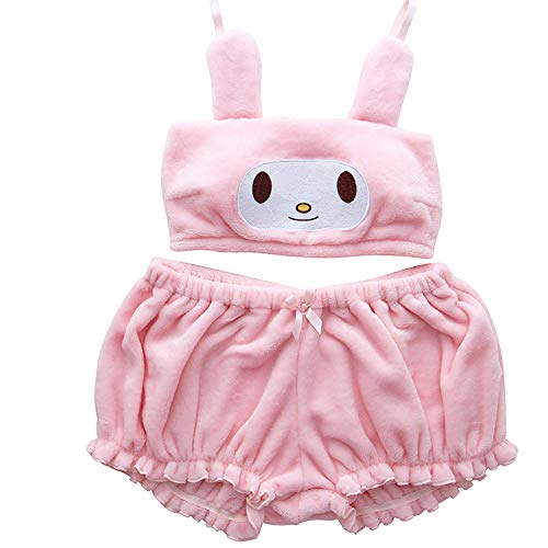 Women Pajamas Set, Girls Kawaii Anime Cinnamoroll Melody Kuromi Plush Velvet Tube Top and Bloomers Sleepwear Suits - Pink - Large