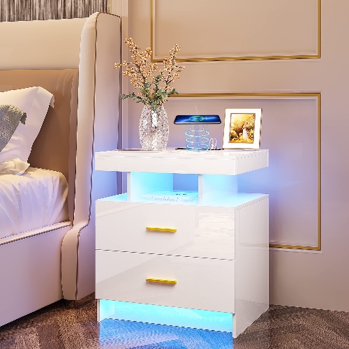 HNEBC Auto LED Nightstand with Wireless Charging Station & USB Ports,High Gloss Bedside Tables with 2 Drawers,Floating Nightstand with 3 Color & Adjustable Brightness Embedded LED Light Strip - High Gloss White