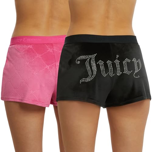 Juicy Couture Velvet Fleece Shorts 2 Piece Designer Pajama Set for Women, 2-Pack Sleep and Lounge Shorts - Large - Black/Pink Jc Embossed
