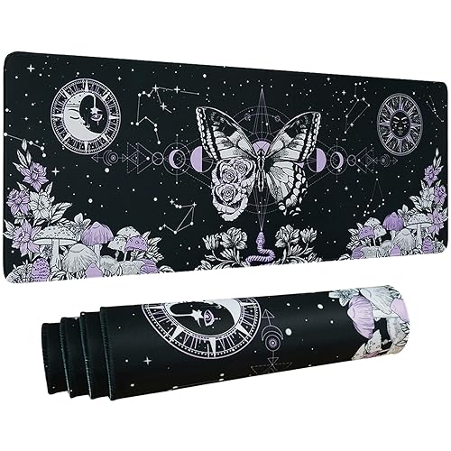 Aesthetic Butterfly Goth Gaming Mouse Pad XL, Mushroom Moon Phase Galaxy Mousepad Black Purple Long Large Desk Mouse Mat, Spooky Witch Goth Desk Accessories Stuff Decor, 31.5 X 11.8 Inch - Goth Butterfly