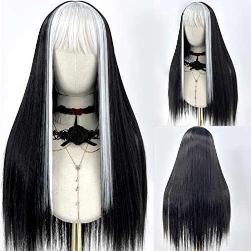 Fugady Black and White Wig with Bangs Straight Wig with Bangs Long Straight Wig with Bangs Egirl Wig Wigs for Women Heat Resistant Wig Split Color Wig Cosplay Wig Party Wig (Synthetic 24 Inches) - Storm - Black with White Bangs