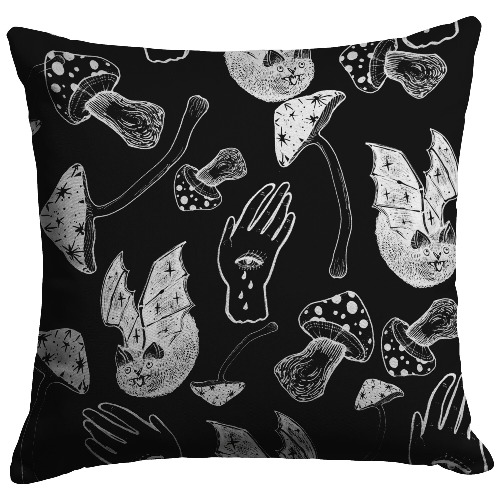 "Spooky Spells, Bats, and Mushrooms" Throw Pillow - 16x16 / Zip Cover with Insert