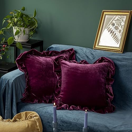 GLORY SEASON Velvet Throw Pillow Cover Soft Decorative Luxurious Solid Square Cushion Case for Sofa Couch Bedroom Farmhouse,Pack of 2, 18 x 18 Inches, Amaranth - Amaranth