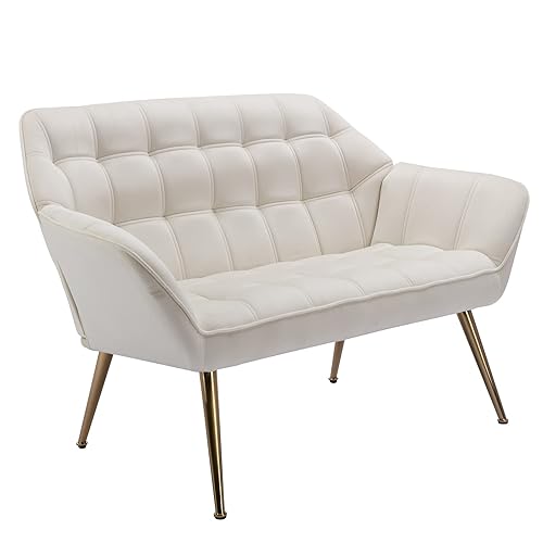 ZH4YOU 48" Small Loveseat for Small Spaces, Upholstered Velvet Loveseat Sofa, Mid Century Modern 2-Seater Couch with Armrest and Gold Legs for Bedroom, Living Room, Apartment, Cream