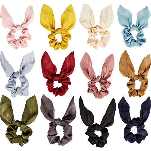Yaomiao 12 Pieces Scrunchie Bows Bunny Ear Scrunchies Scrunchies for Hair Bow Silk Bowknot Scrunchies Bobbles Elastic Hair Ties Ropes for Women Girls