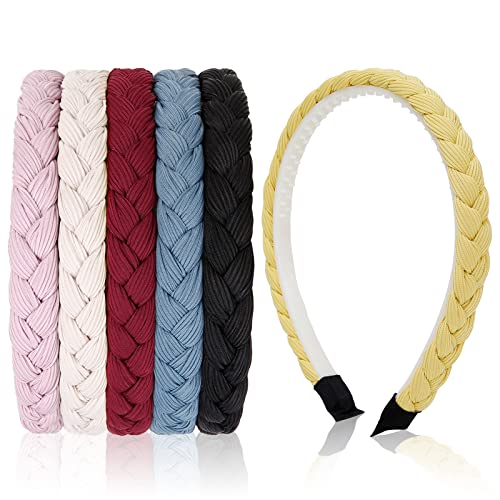 WOVOWOVO Braided Thin Headbands for Women Girls, 6 Pcs Boho Woven Hairbands Fashion Pigtail Style Headband with Teeth, Twisted Combing Hair Hoop Accessories