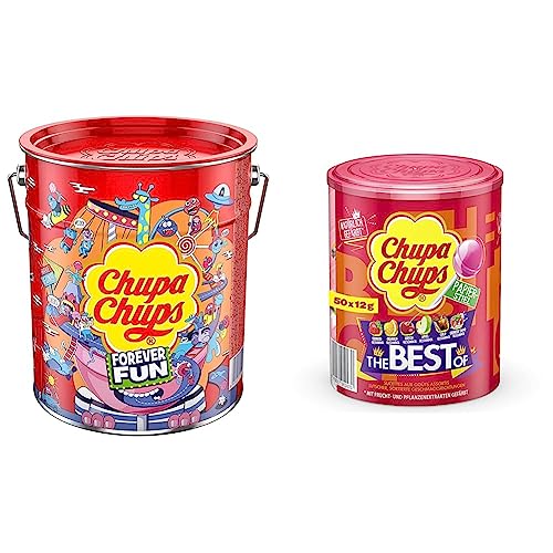 Chupa Chups Best of Lollipop-Eimer, enthält 150 Lutscher in 6 Geschmacksrichtungen in der Pop-Art Metall-Dose & Best of Lutscher-Dose, enthält 50 Lollis in 6 Geschmacksrichtungen wie Cola - Bundle mit Lutscher-Dose, 50 x 12g