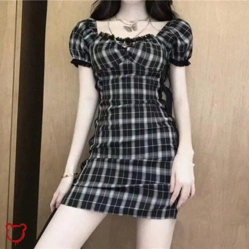 'Bride's Black Plaid A-Line Dress' - black / S