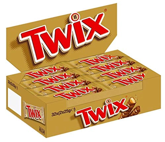 TWIX, Barres chocolat au lait avec biscuit nappage caramel - 1 Boite de 32 barres individuelles de 50g