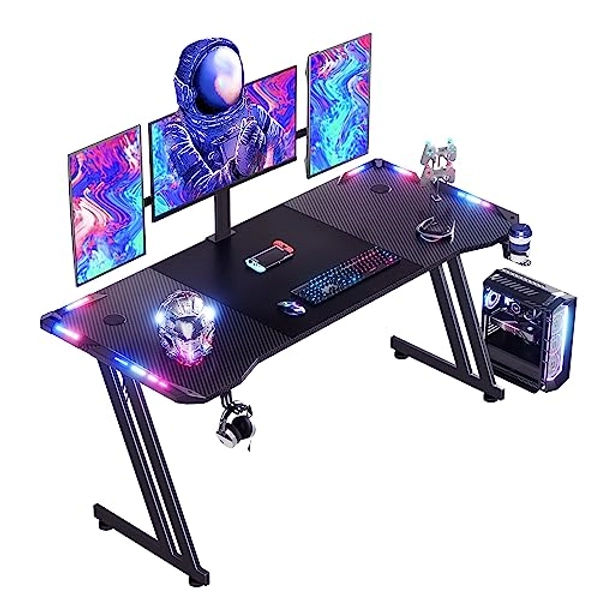HLONONE 160 x 60cm Bureau Gaming LED, Grande Bureau Gamer avec Un Plateau en Fibre de Carbone, Bureau Informatique Ergonomique avec Tapis de Souris, Porte-gobelet et Crochet pour Casque, Noir